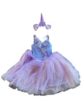 Girls Dance Unicorn Leotard Costume Purple Pink Lilac Headband and Tutu